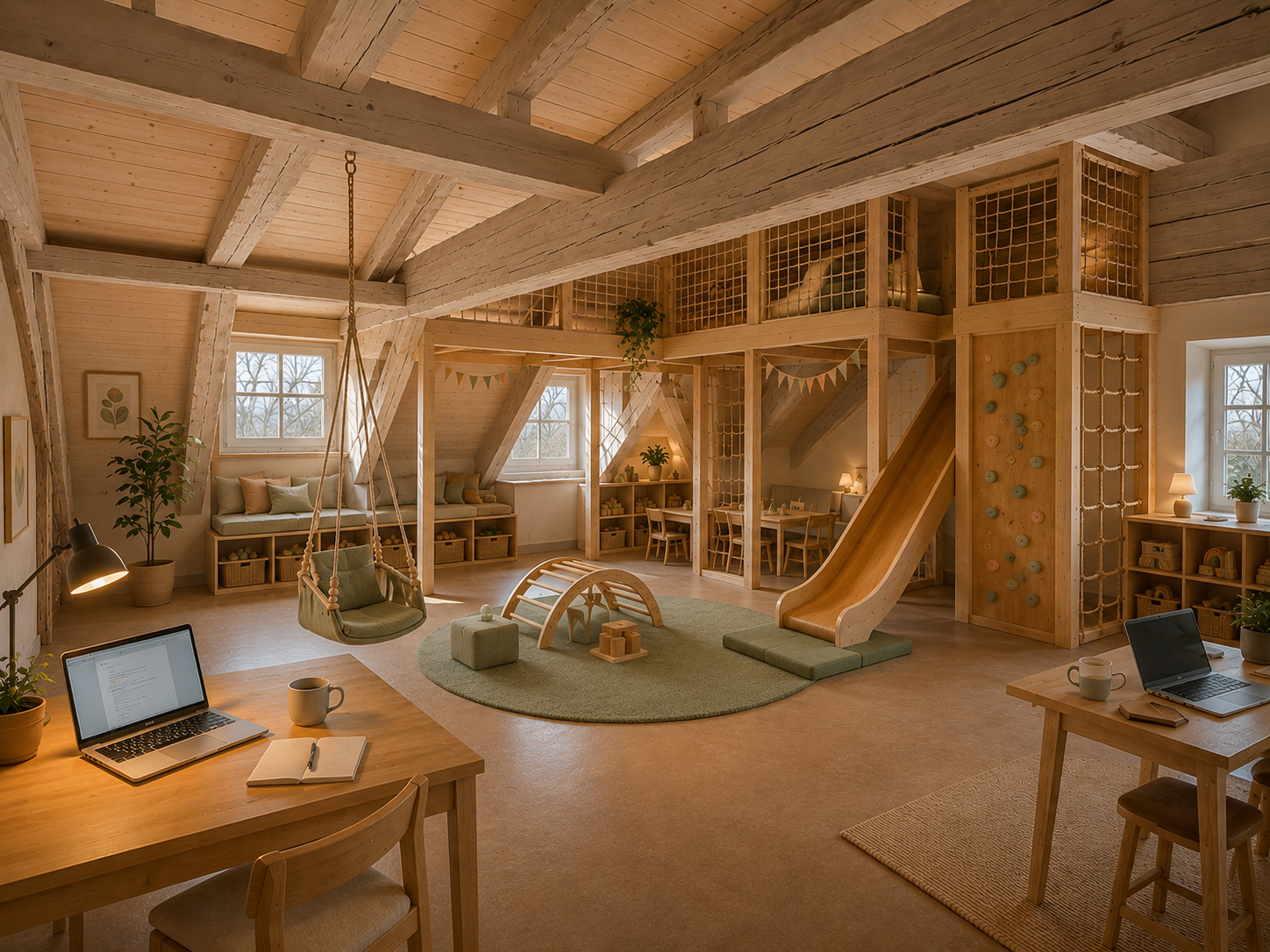 Lumière Kids Club attic playroom with climbing wall and slide