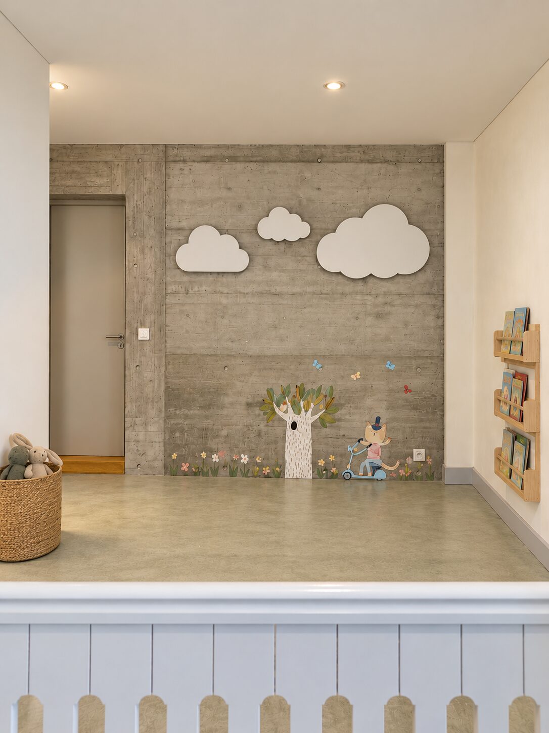 Entrance hall with cloud mirrors and a painted story tree above the cloakroom