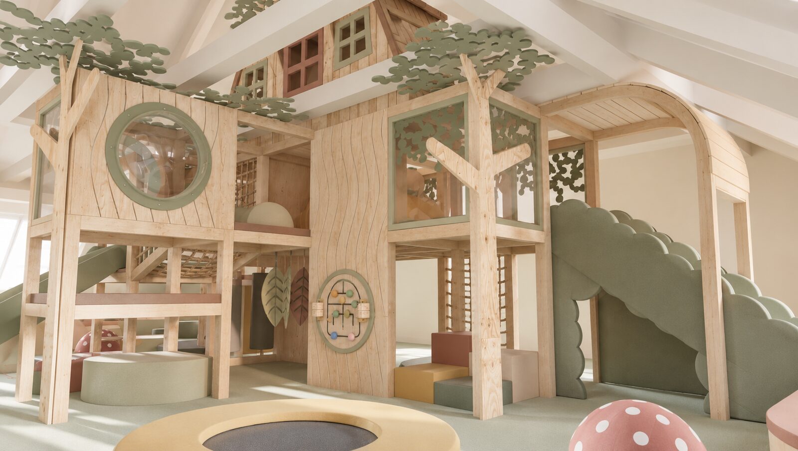 Rendering of the planned upper levels of the treehouse with a trampoline and a cloud climbing wall