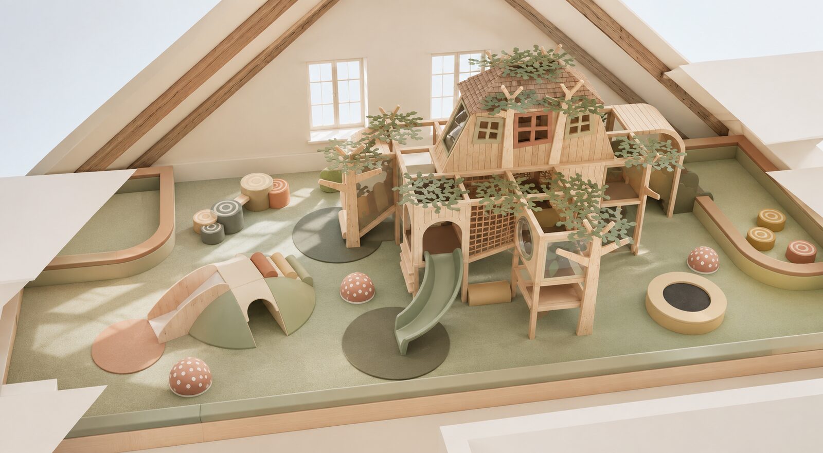 Rendering of the planned Lumière Family Club playground seen from above, under the beams of a pitched roof