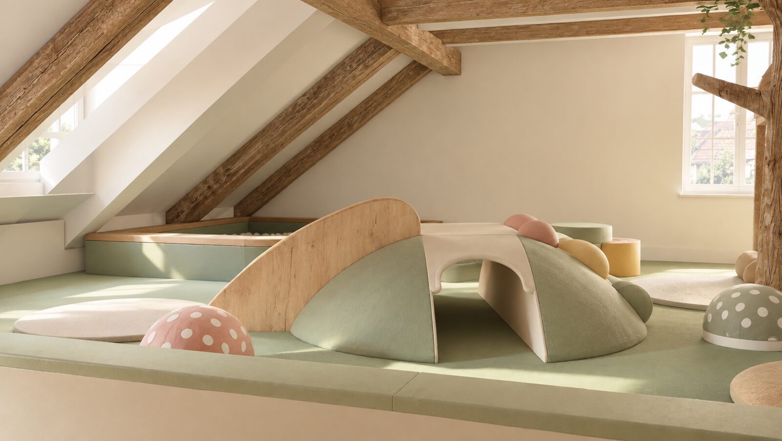 Rendering of soft play hills and tunnels in the planned attic space