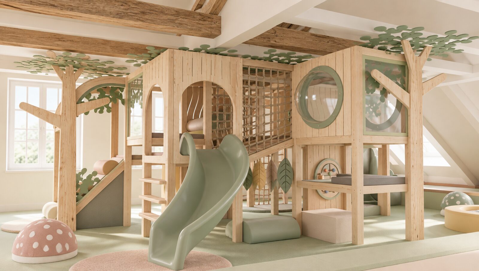 Rendering of the planned wooden treehouse with a green slide, rope nets and round portholes