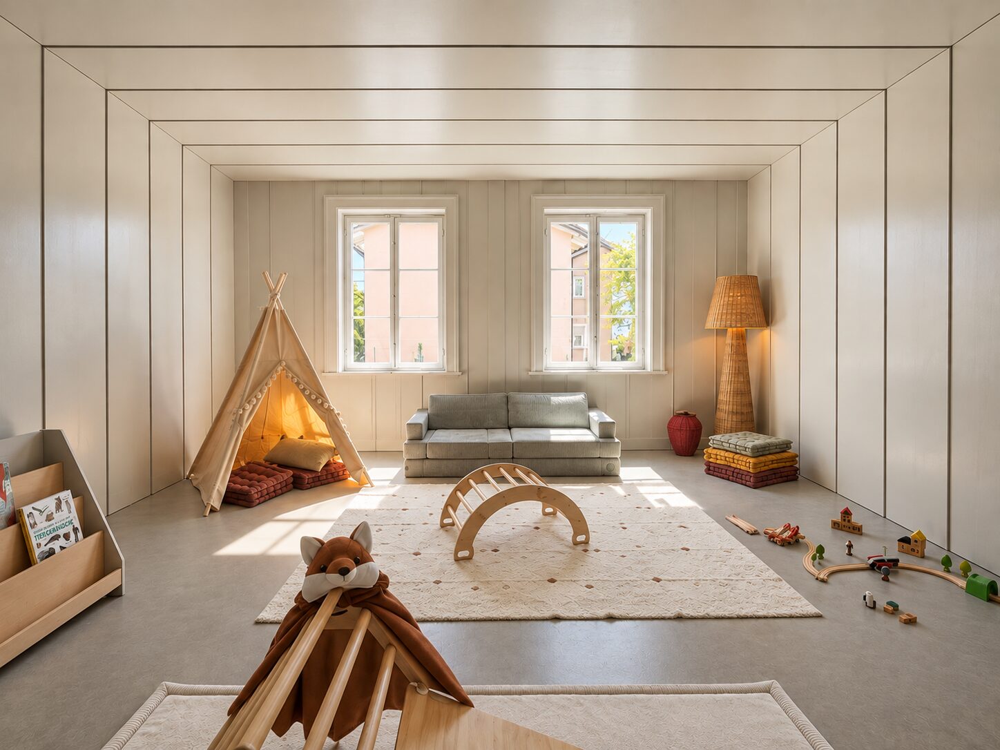 Quiet room with a teepee, a low sofa, a rattan floor lamp and a wooden train set