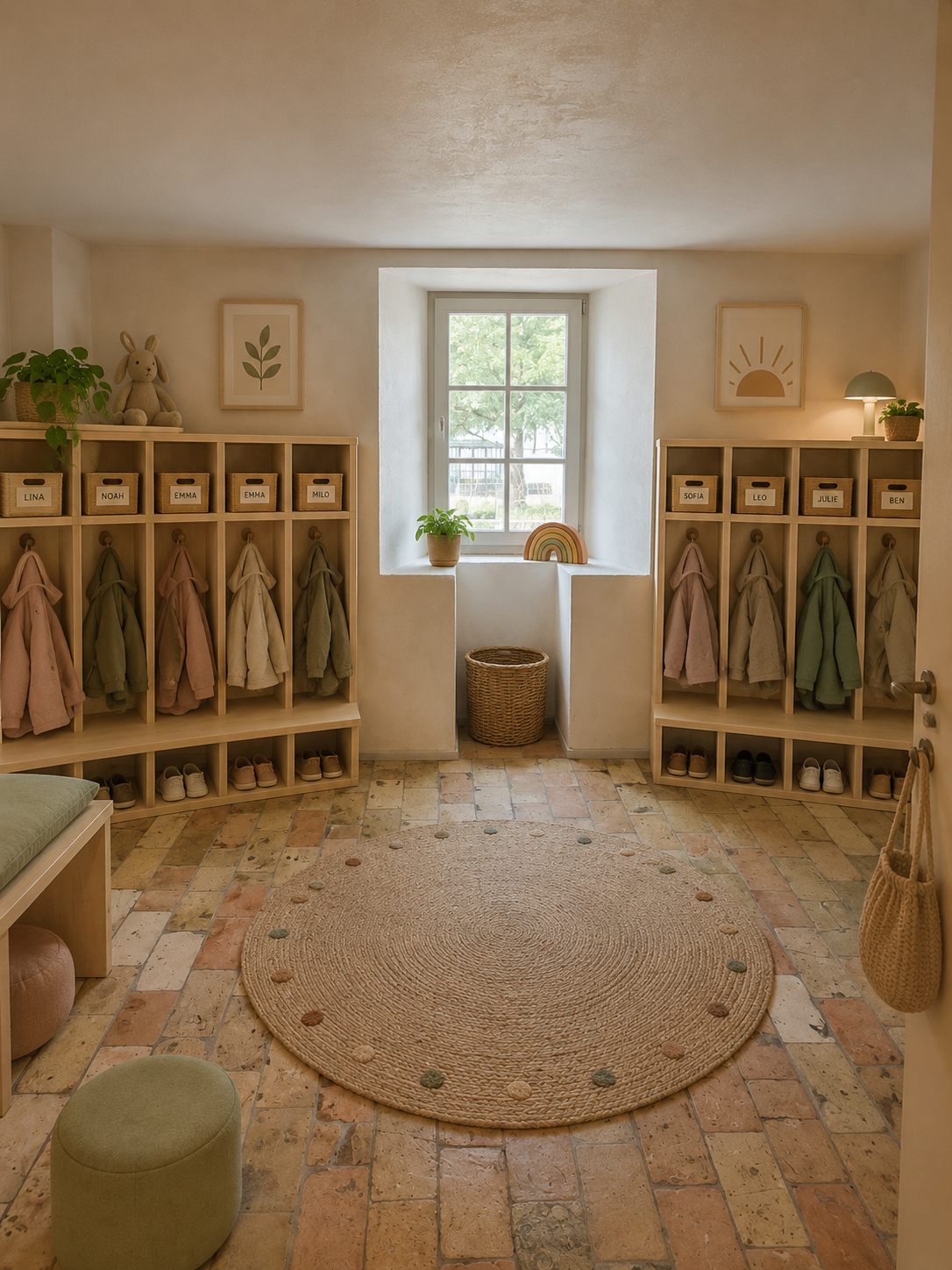 Children's cubby and coat area with named baskets