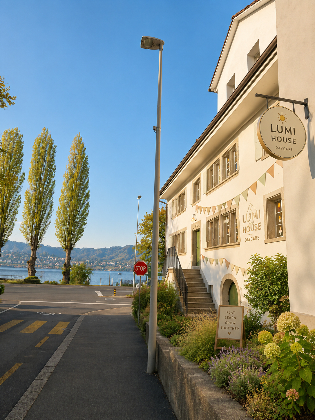 Lumi House daycare entrance on the Zollikon lakefront, with bunting and a Lumi House sign