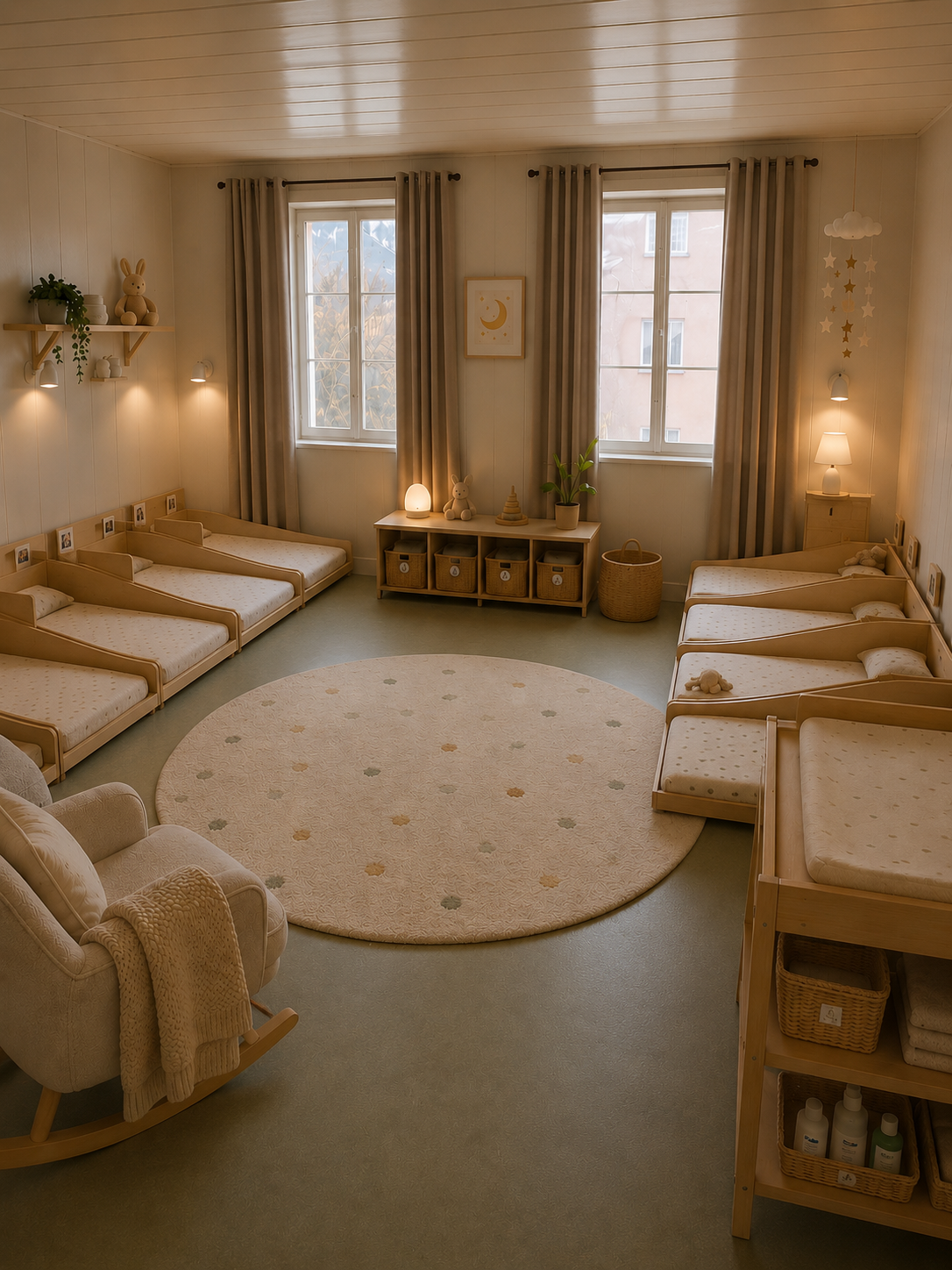 Quiet nap room with floor beds and a rocking chair