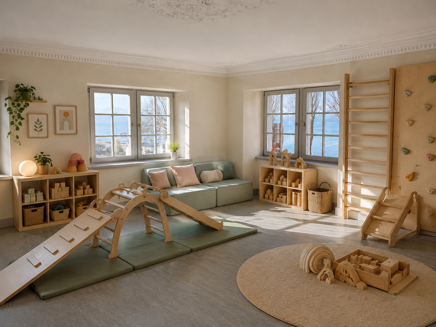 Calm playroom with lake view, climbing ladder and soft seating