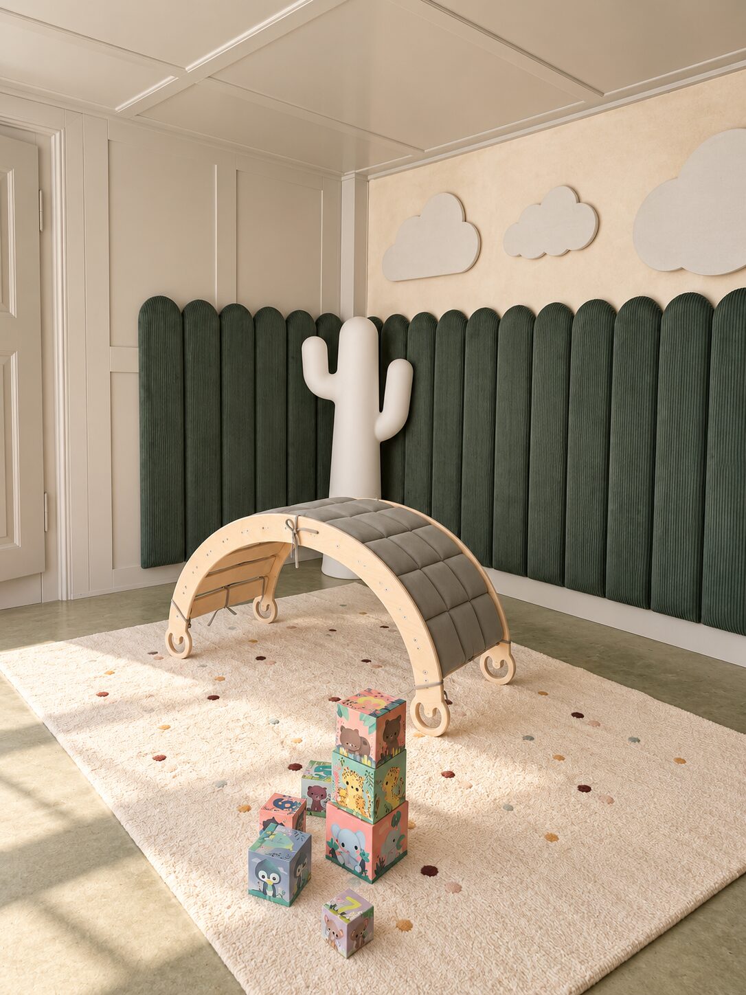 Wooden play arch and building blocks in front of a deep green fluted wall