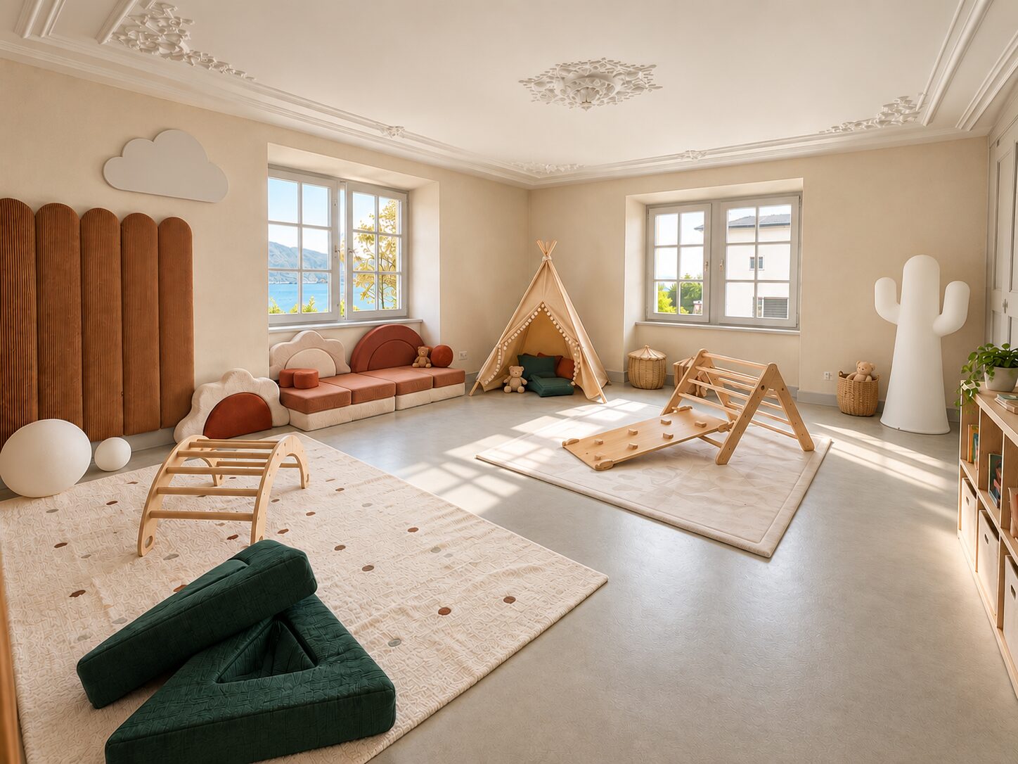 Sunlit playroom with Pikler climbing triangles, a teepee and a soft fluted wall