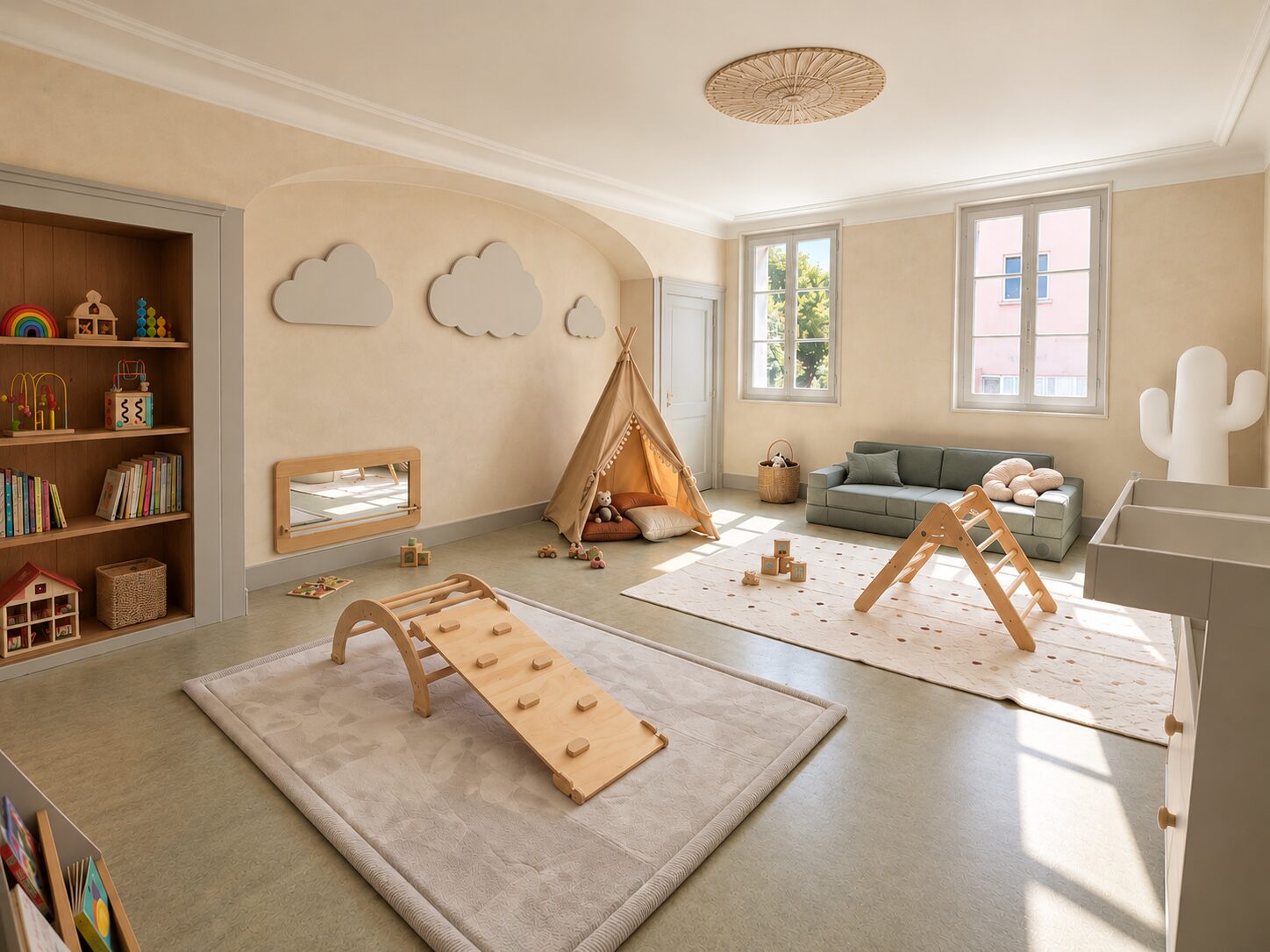 Playroom with a book nook, cloud mirrors, a teepee and a low sofa