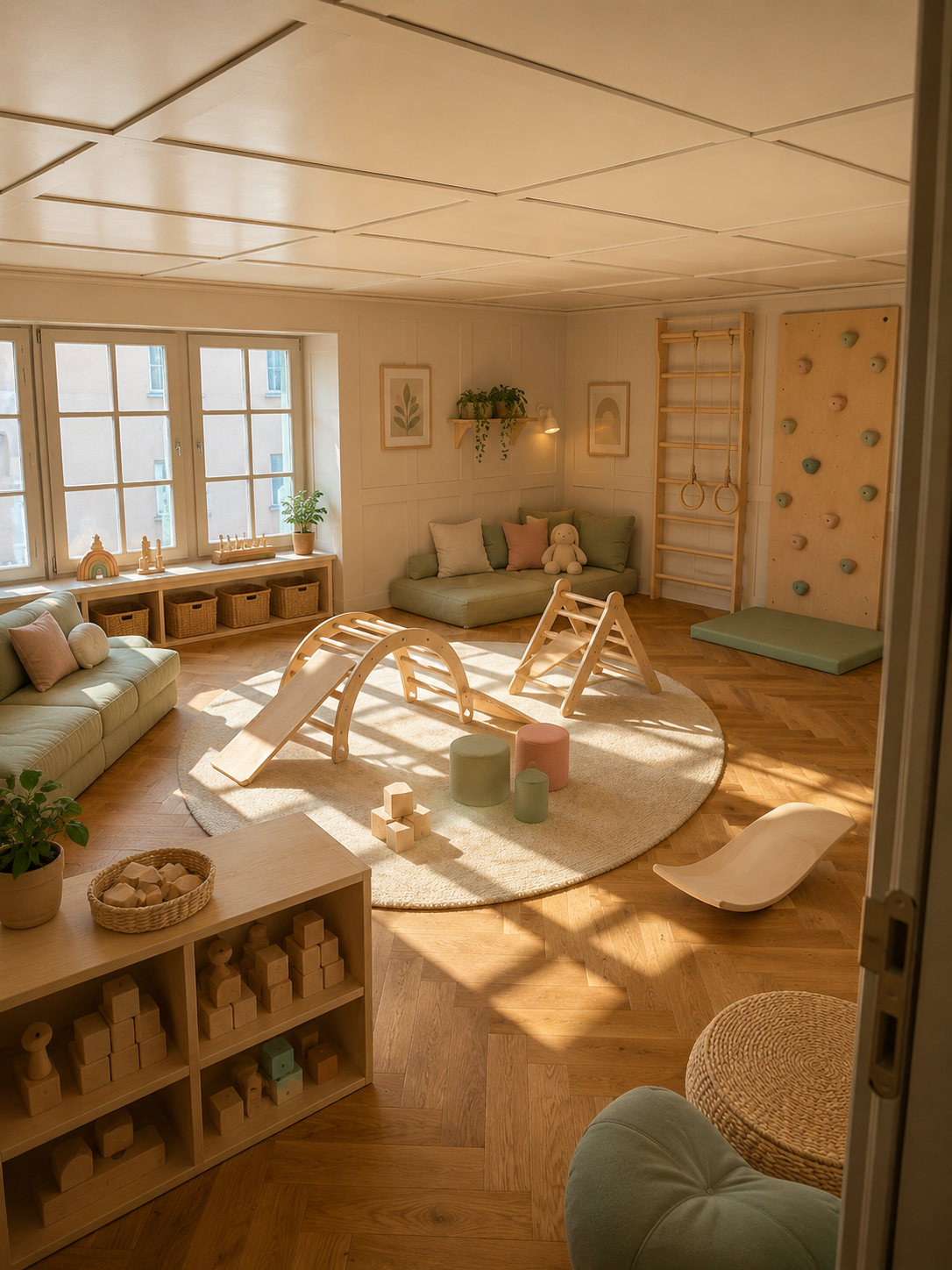 Sunlit playroom with Pikler triangle, climbing wall and rings